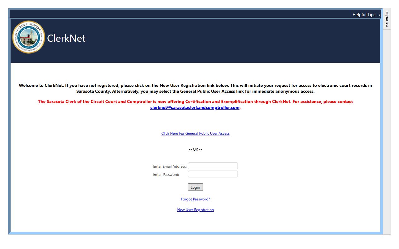 Sarasota County court records after arrest ClerkNet case lookup