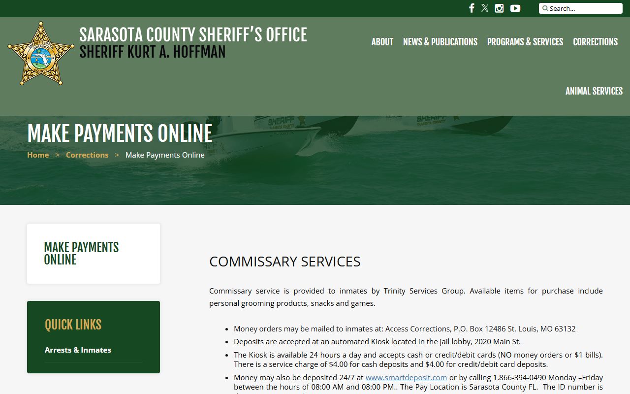 Sarasota County Jail inmate payment options