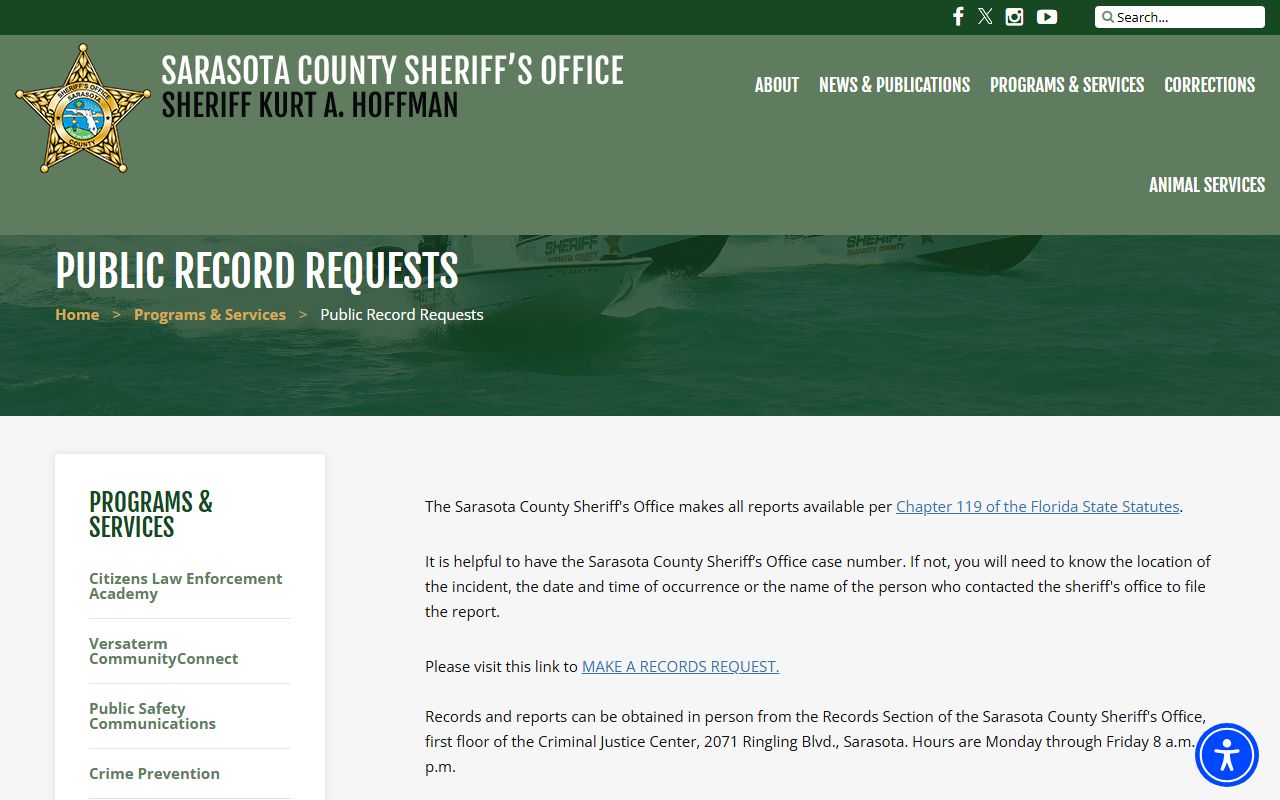 Sarasota County inmate records public records request page